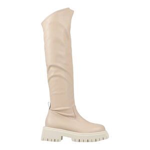 Beige Above Knee Tall Chunky Heel Combat Boots NEW